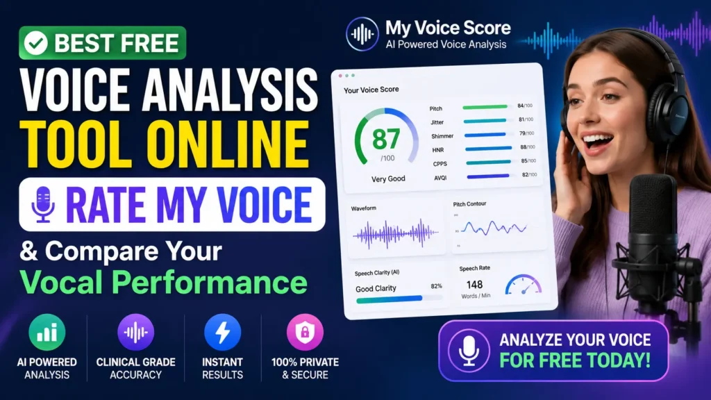 AI-powered My Voice Score dashboard showing voice analysis results with pitch, jitter, shimmer, HNR, CPPS, AVQI metrics, waveform visualization, and a user recording vocals to rate voice quality online.