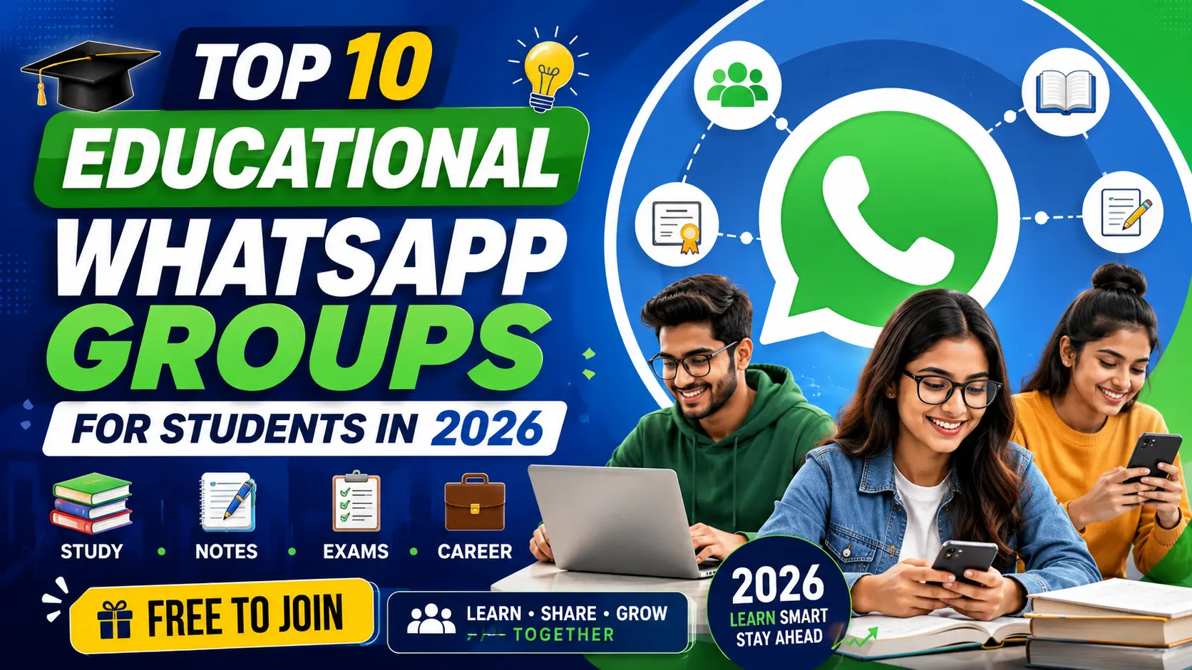 Discover the top 10 educational WhatsApp groups for students in 2026. Find free study groups, exam prep communities, and more on GroupSearch.in